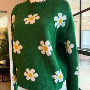 SHEIN Green Floral Crew Neck Sweater
